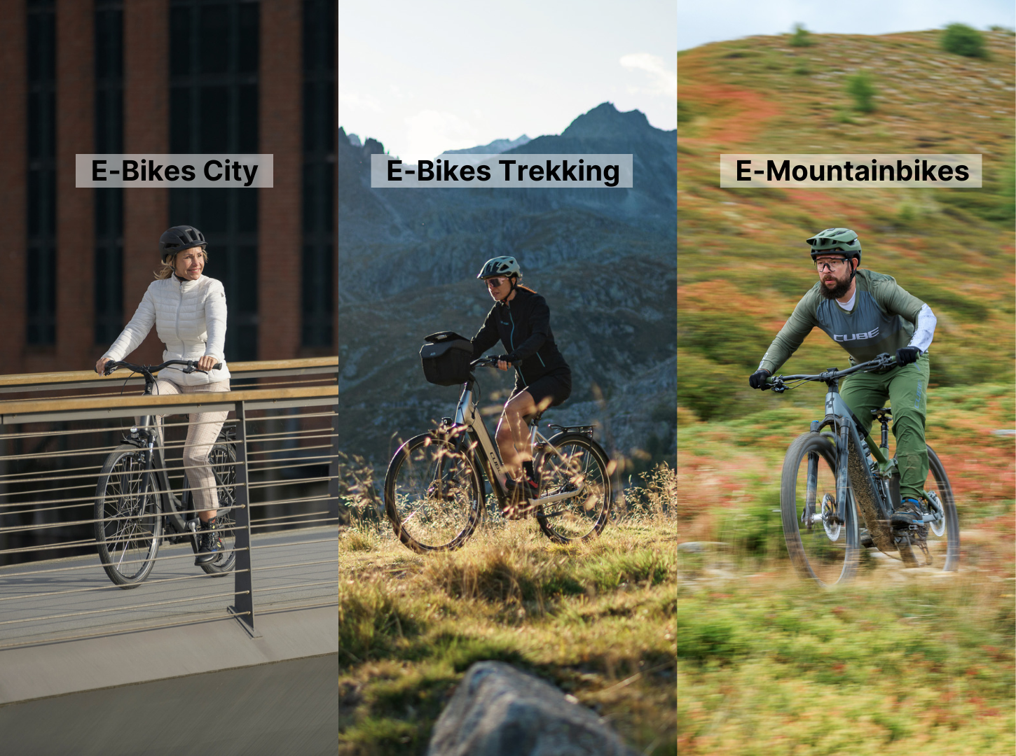 Links fährt eine Frau ECity Bike in der Stadt in der Mitte eine ETrekking Fahrerin über einer Wiese  und rechts ein EMountainbiker in den Bergen