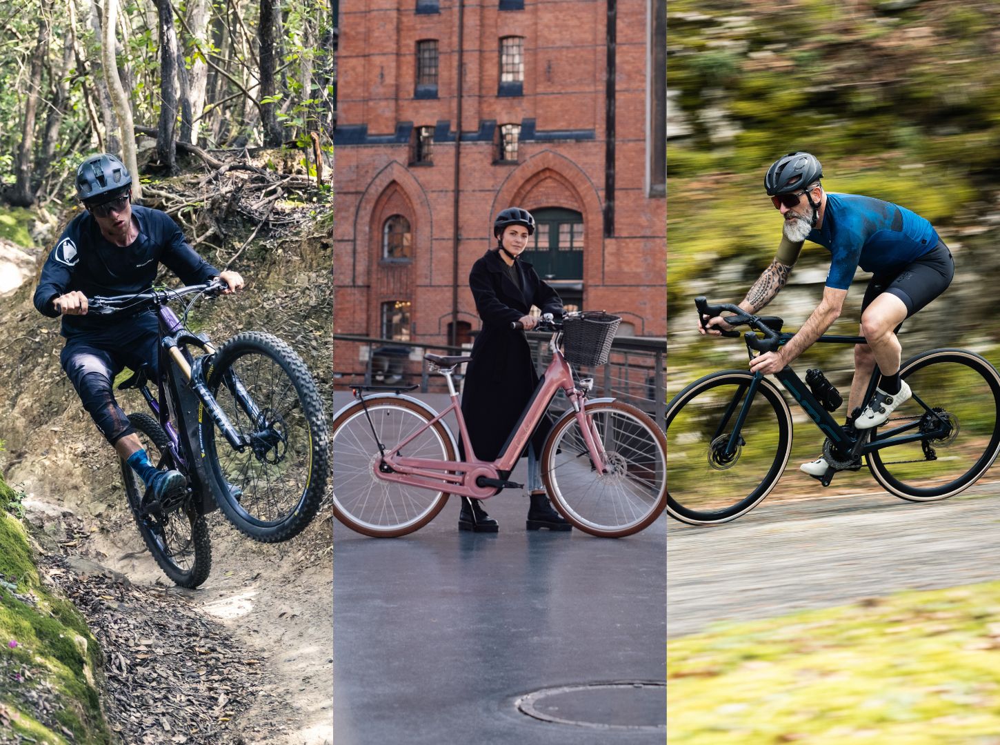 Gegenüberstellung von drei E-Bike Fahrern im Einsatz E Mountainbike E Trekking und E Rennrad
